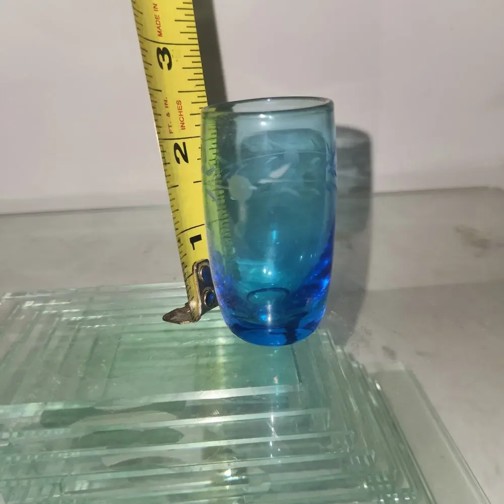 Vintage Blue Etched Shot Glass